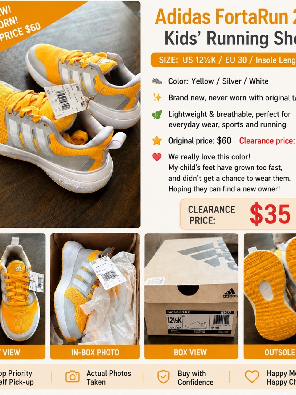 adidas Kids' Yellow and Silver Sneakers